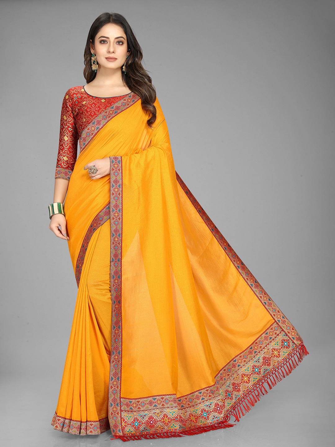 

Grubstaker Mustard & Red Zari Pure Silk Saree