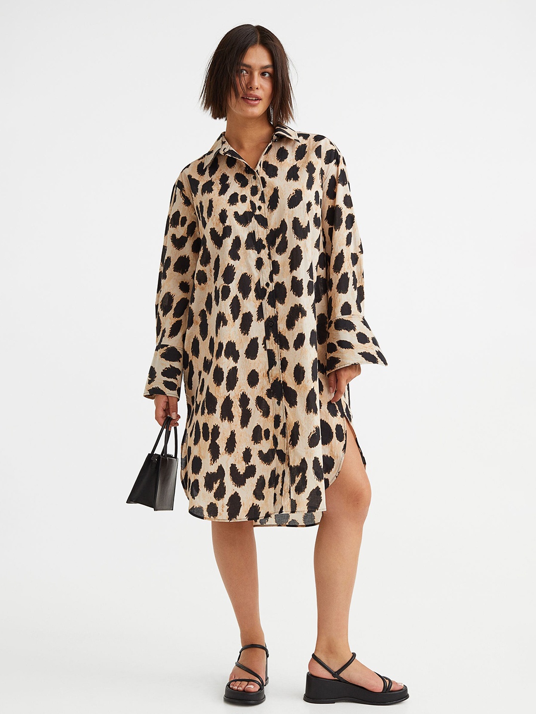 

H&M Women Beige & Black Leopard Print Oversized Shirt Dress
