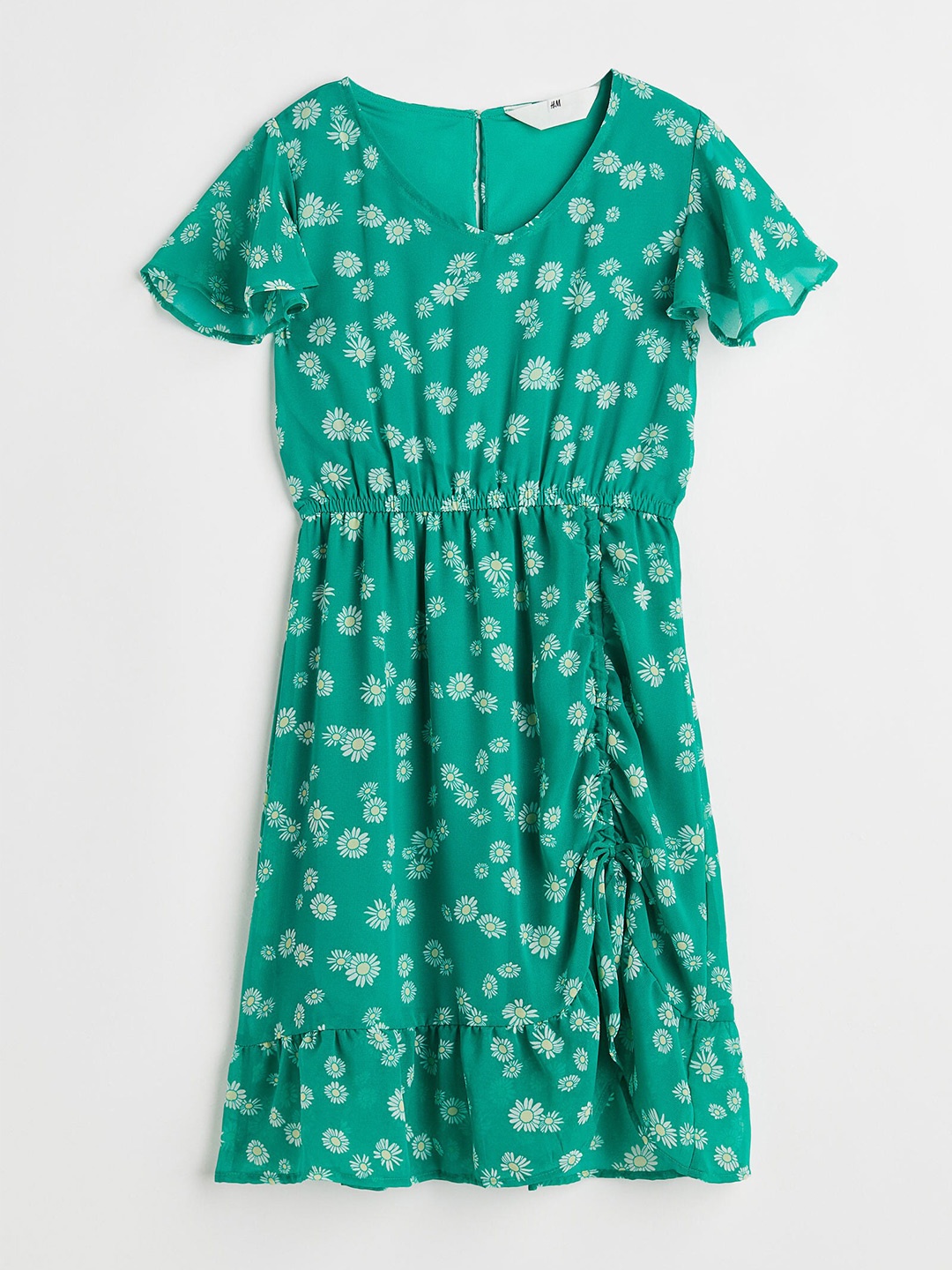 

H&M Girls Green & Yellow Floral Printed Flounce-Hem Dress