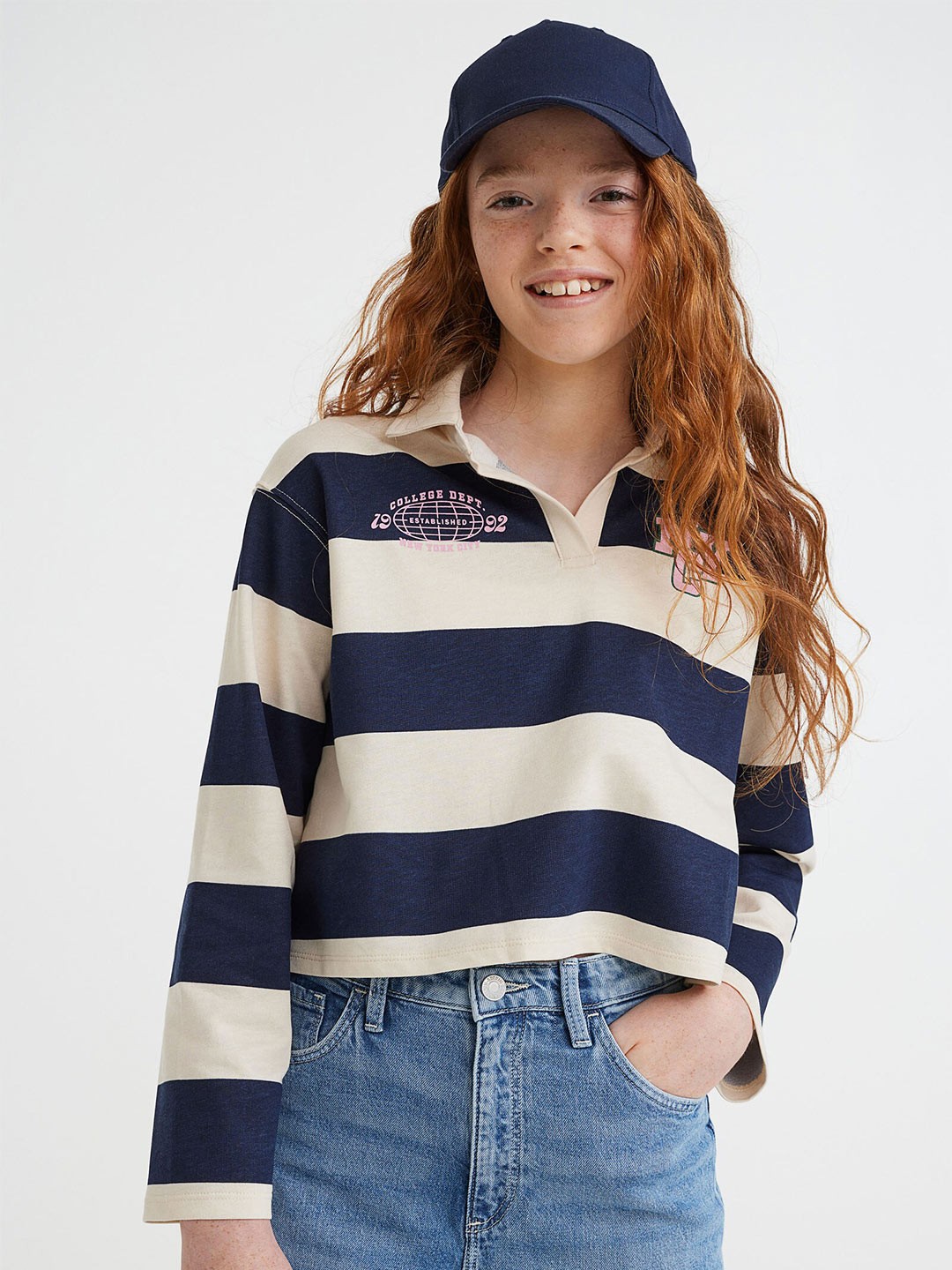 

H&M Girls Navy Blue & Cream-Coloured Cotton Rugby Shirt