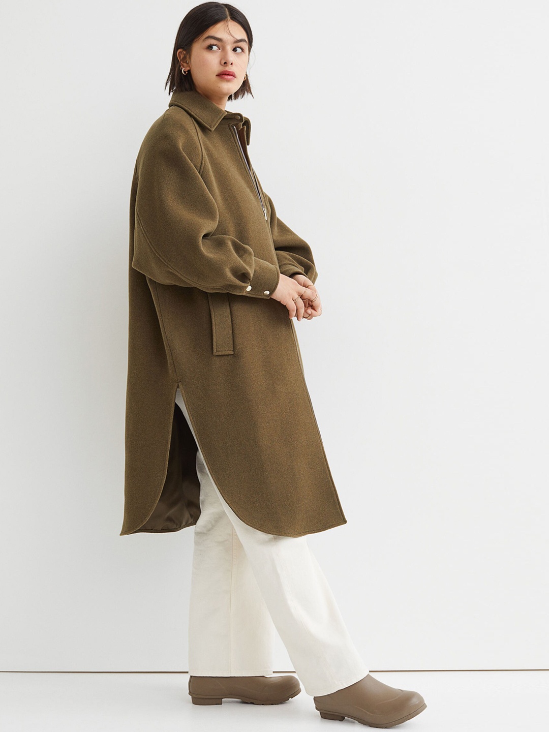 

H&M Women Green Solid Wool-Blend Oversized Coat