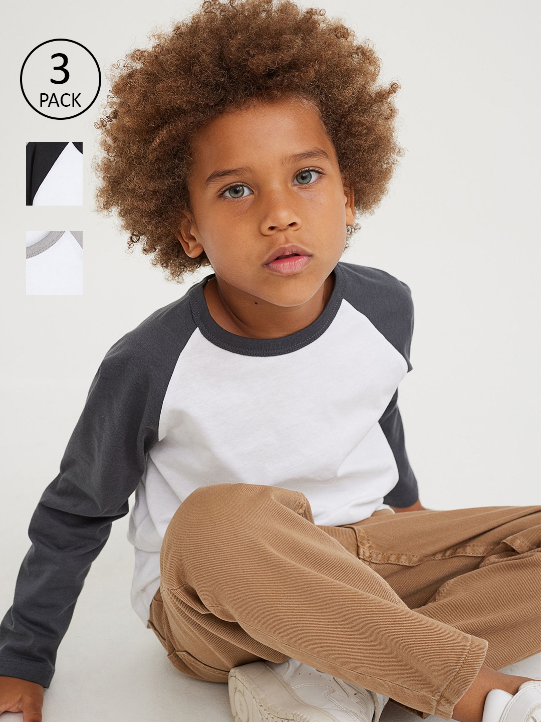 

H&M 3-Pack Boys Colourblocked Cotton Jersey Tops, Grey