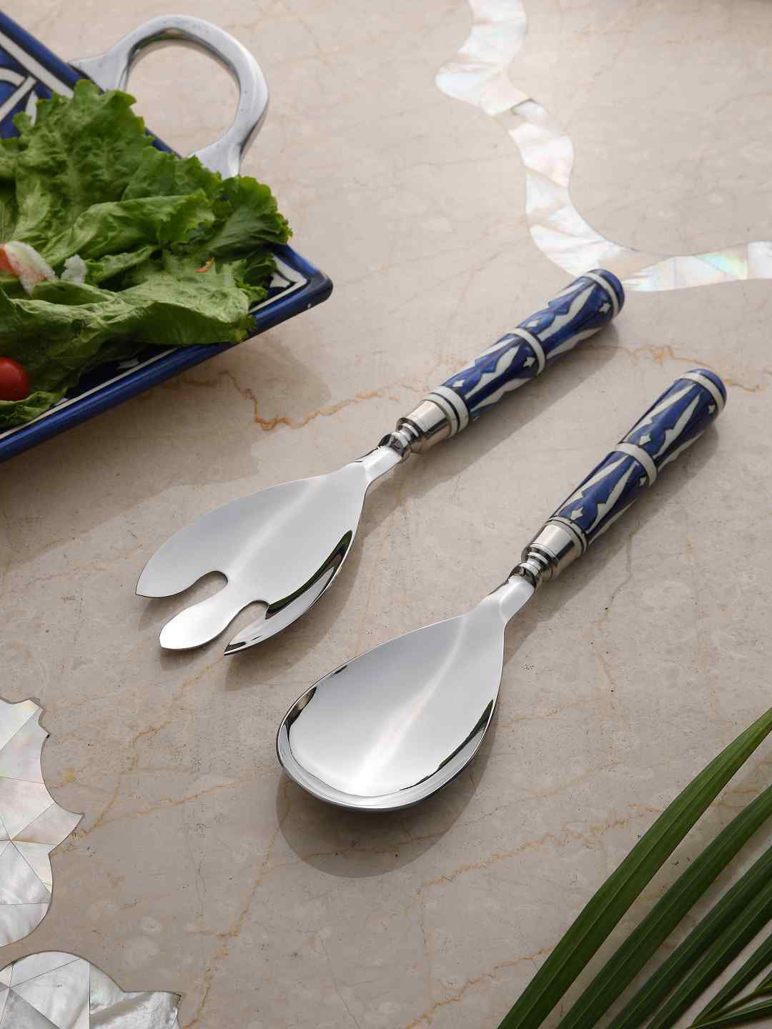 

Amoliconcepts Set Of 2 Blue & White Hand Painted Salad Servers Set