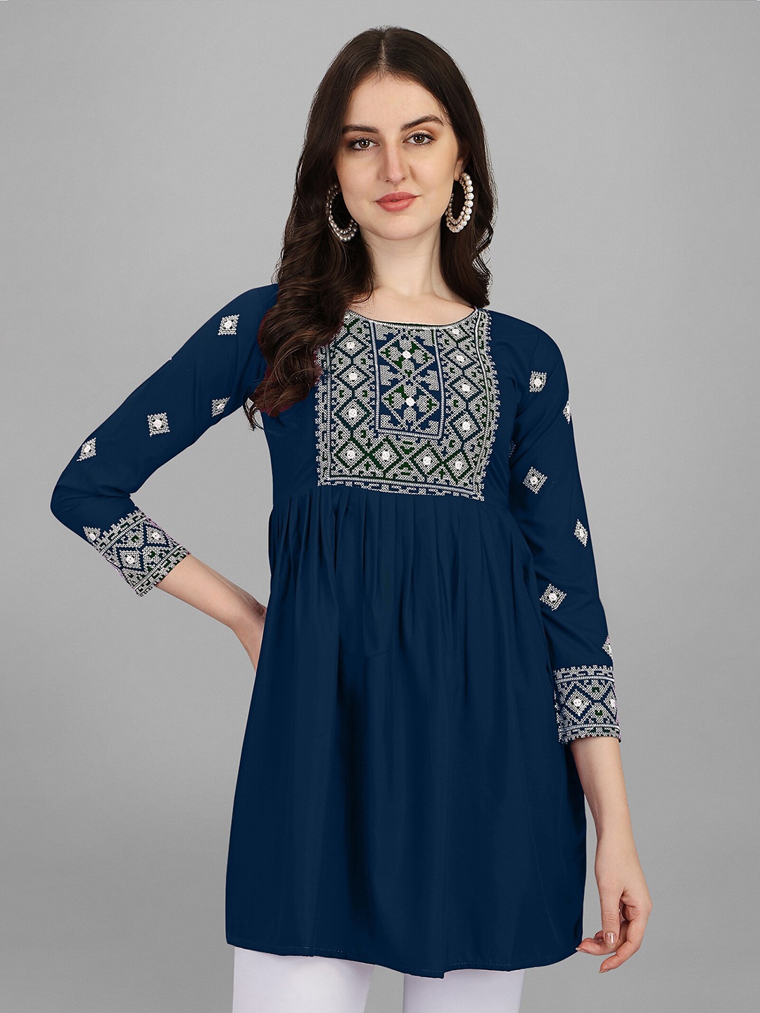 

FAVRIZ Blue & White Viscose Rayon Embroidered Tunic