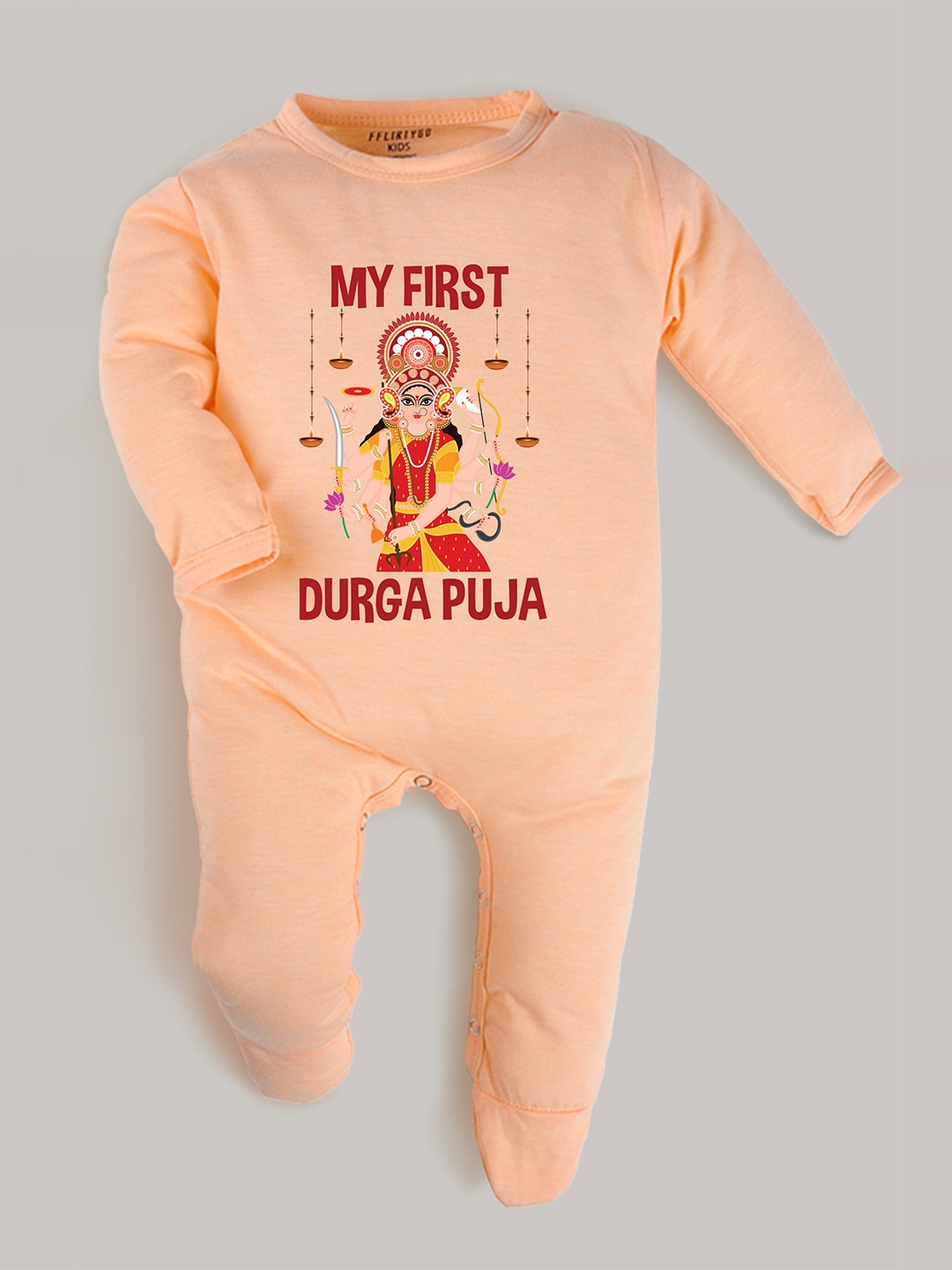 

FFLIRTYGO Unisex Kids Peach-Coloured & Red Printed Basic Jumpsuit
