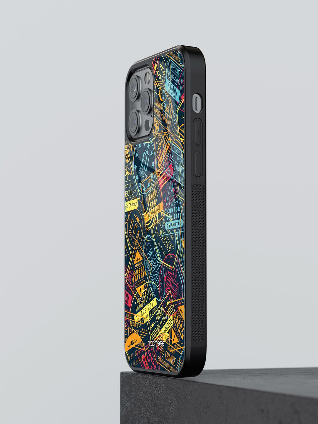 

macmerise Yellow Printed Immigration Stamps Glass iPhone 13 Pro Max Back Case, Multi