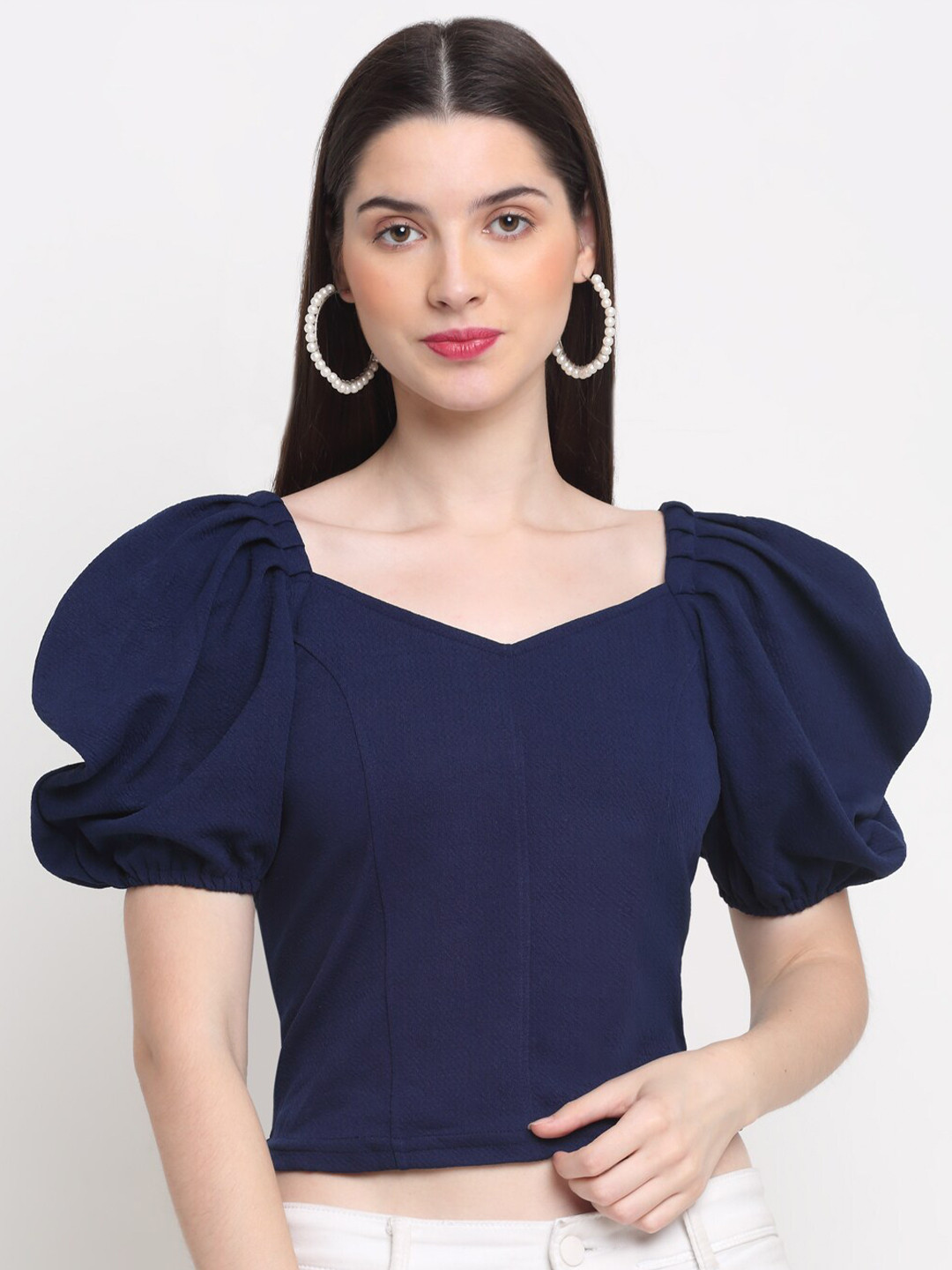 

BUY NEW TREND Women Navy Blue Puff Sleeve Crochet Top