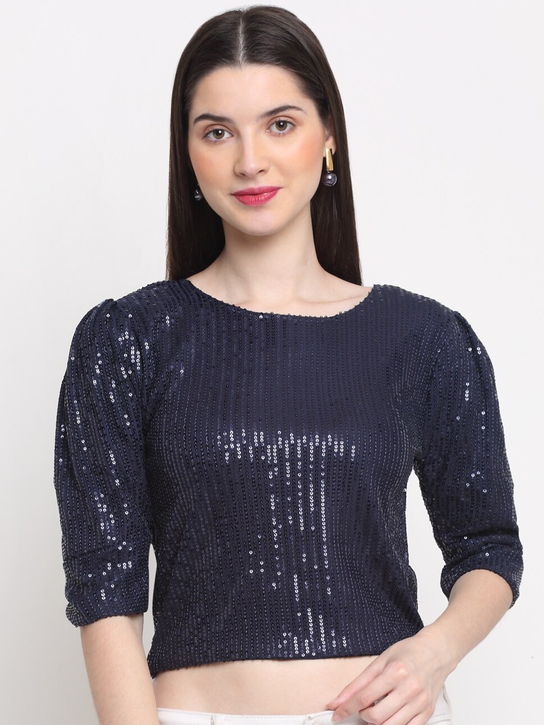 

BUY NEW TREND Navy Blue Embellished Sequin Crop Top