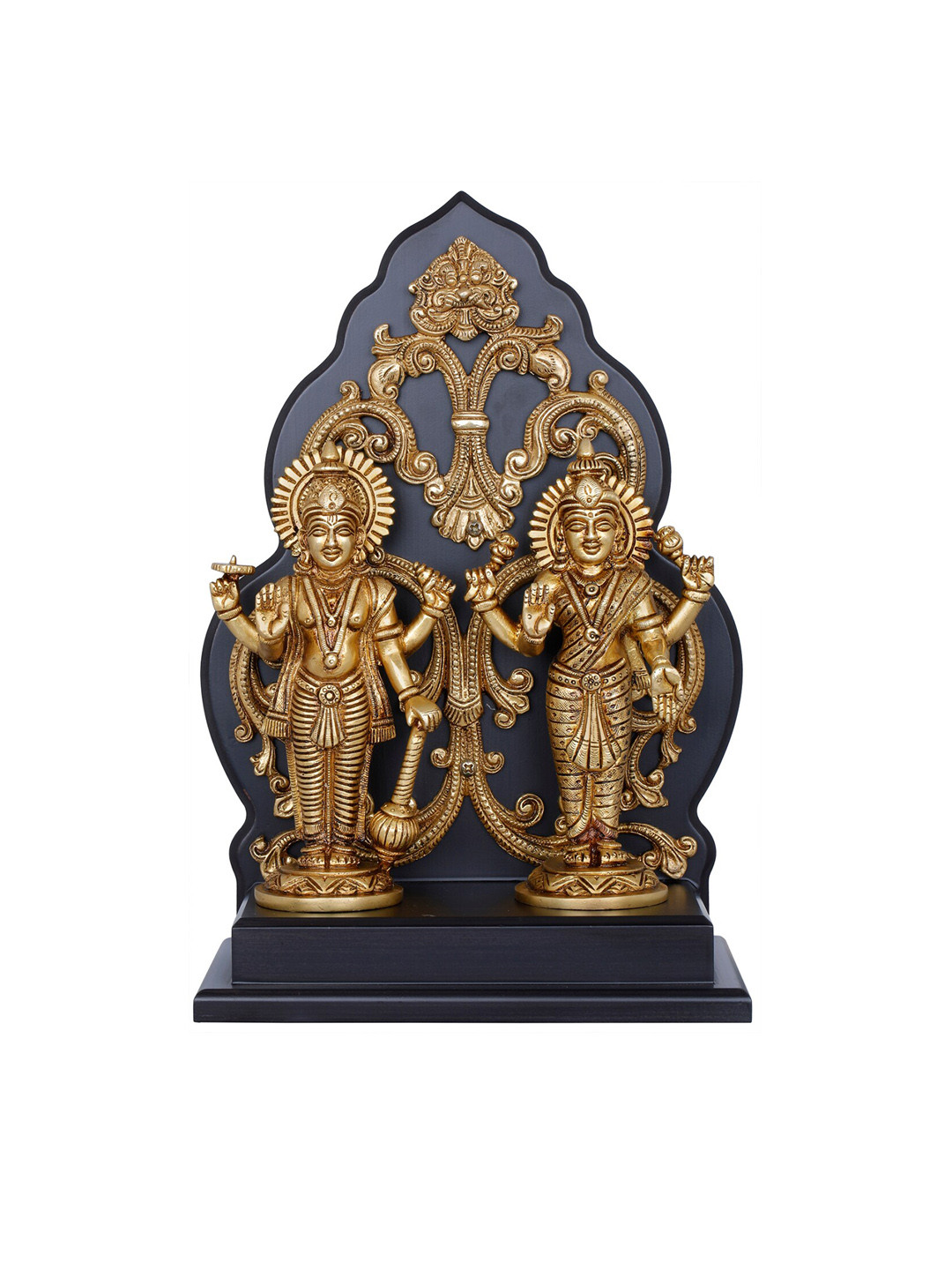 

Exotic India 12" Brass Lakshmi-Narayana Mounted On Wall-Hanging Wooden Aureole, Gold