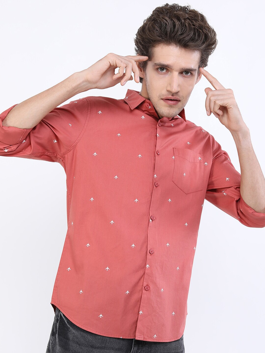 

KETCH Men Peach-Coloured Slim Fit Printed Casual Cotton Shirt