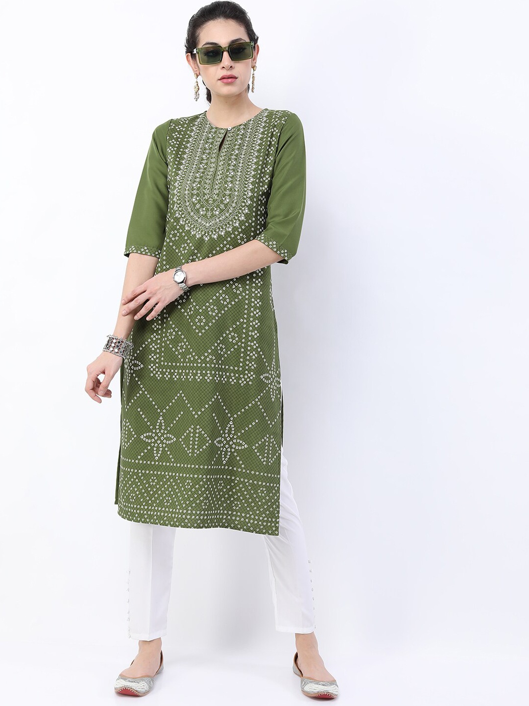 

KETCH Women Green Bandhani Printed Keyhole Neck Kurta