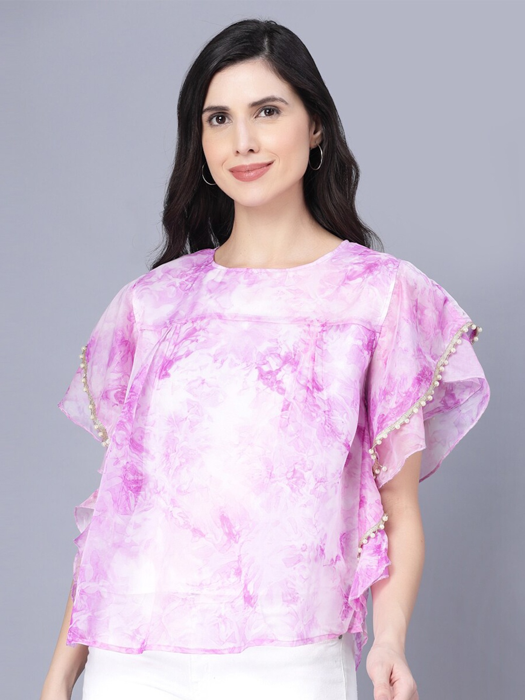 

Myshka Pink Tie and Dye Print Organza Top