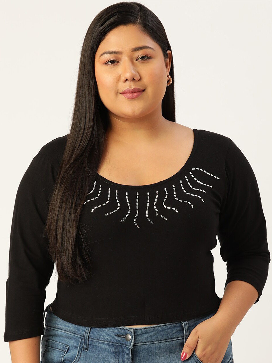 

theRebelinme Plus Size Black Embellished Cotton Top