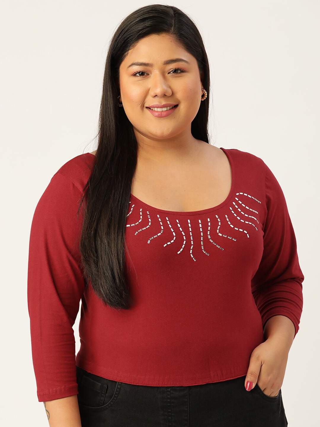 

theRebelinme Plus Size Maroon Regular Pure Cotton Top