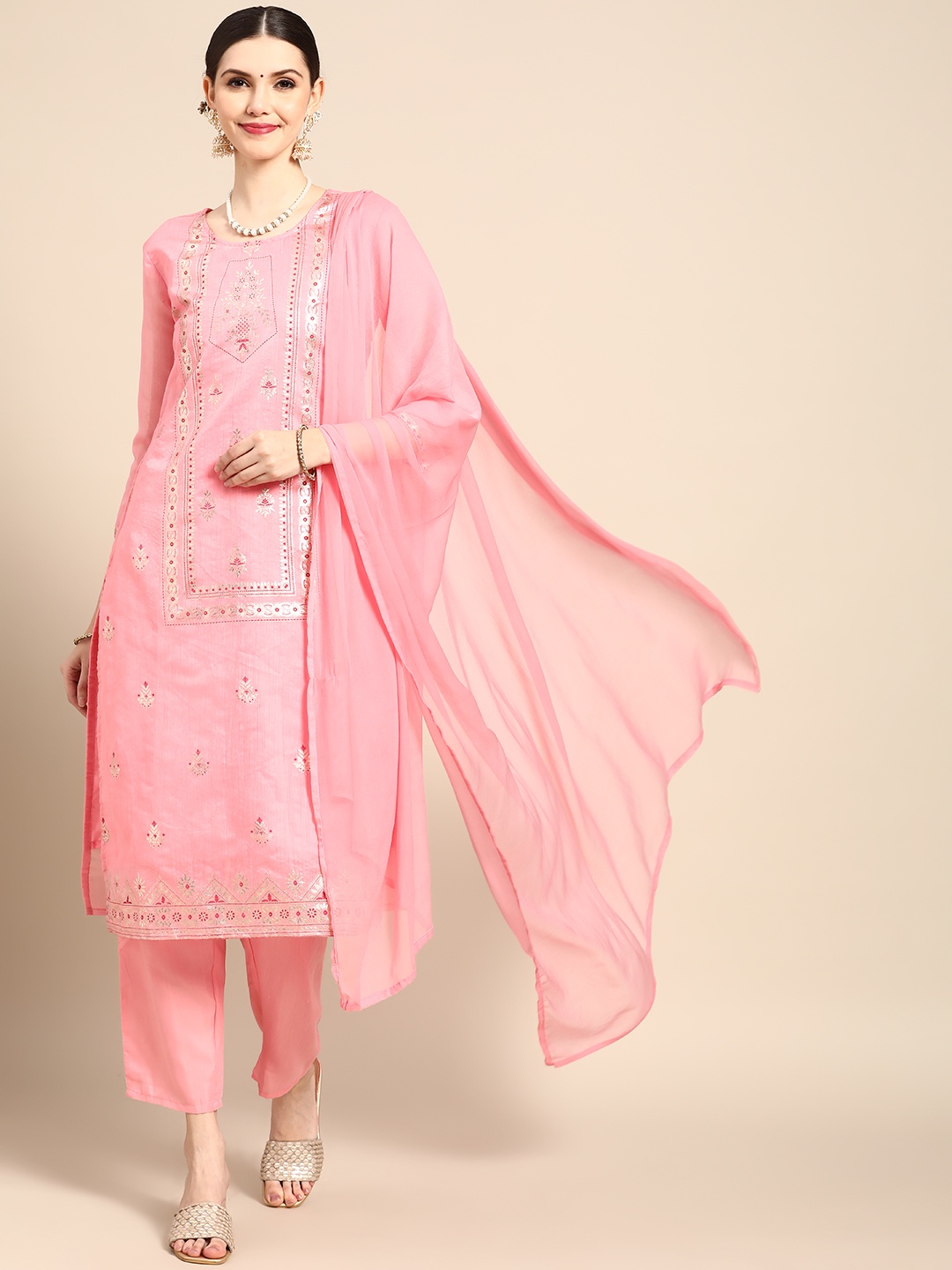 

Sangria Women Pink Ethnic Motifs Printed Chanderi Cotton Kurta with Trousers & With Dupatta