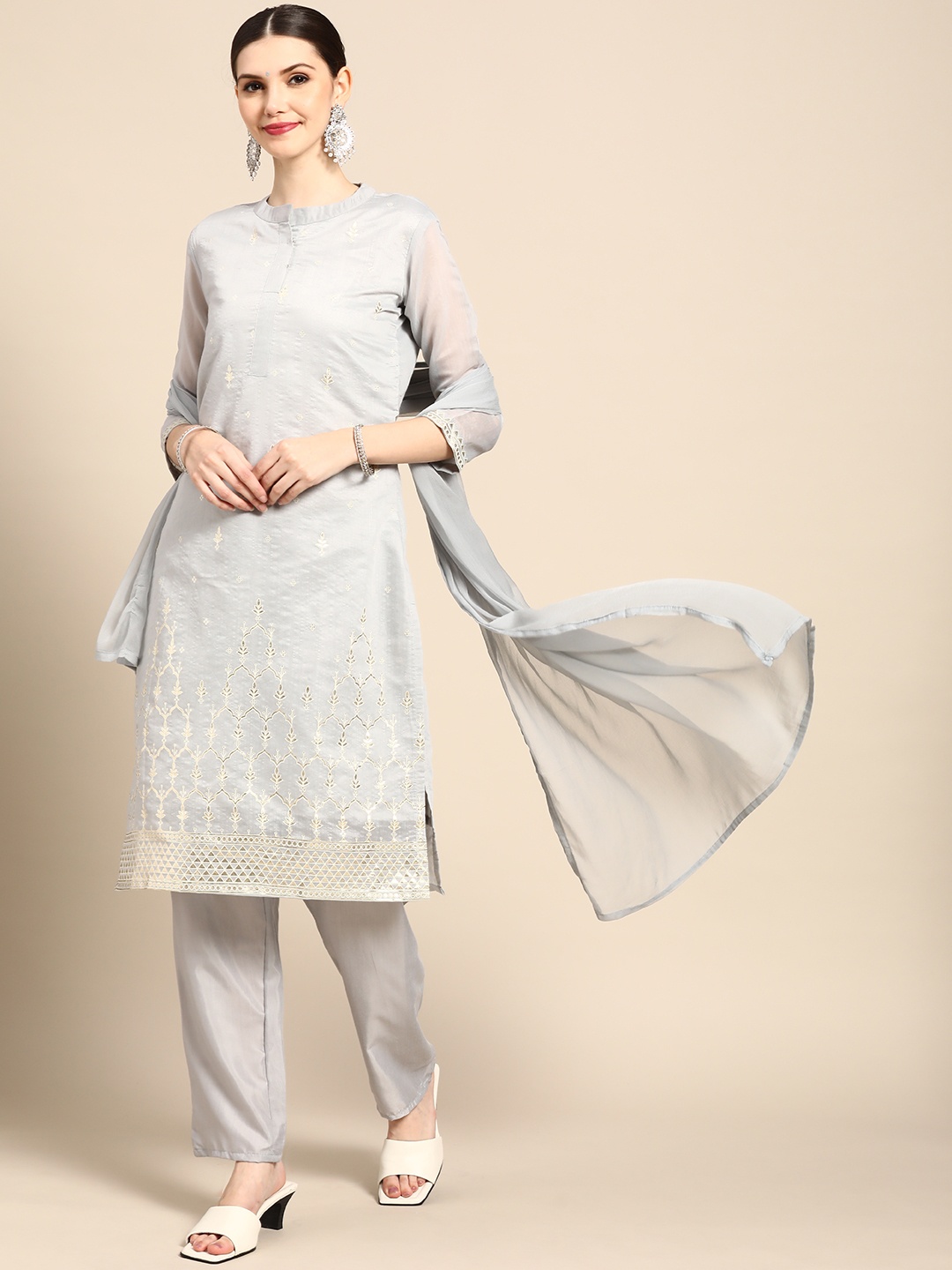 

Sangria Women Grey Ethnic Motifs Printed Chanderi Cotton Kurta with Trousers & With Dupatta