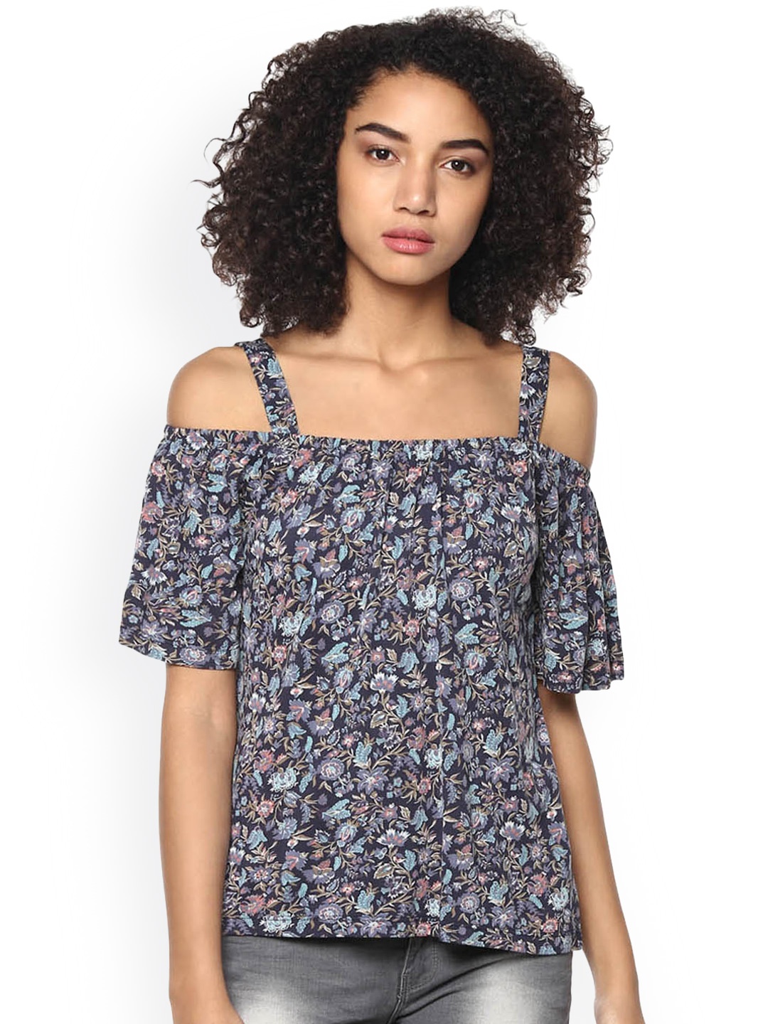 

Harpa Women Navy Blue Printed Bardot Top