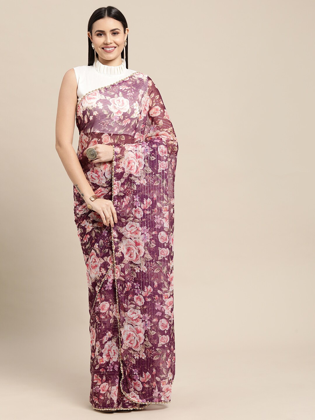 

AVANSHEE Purple & Peach Floral Printed Pure Chiffon Saree