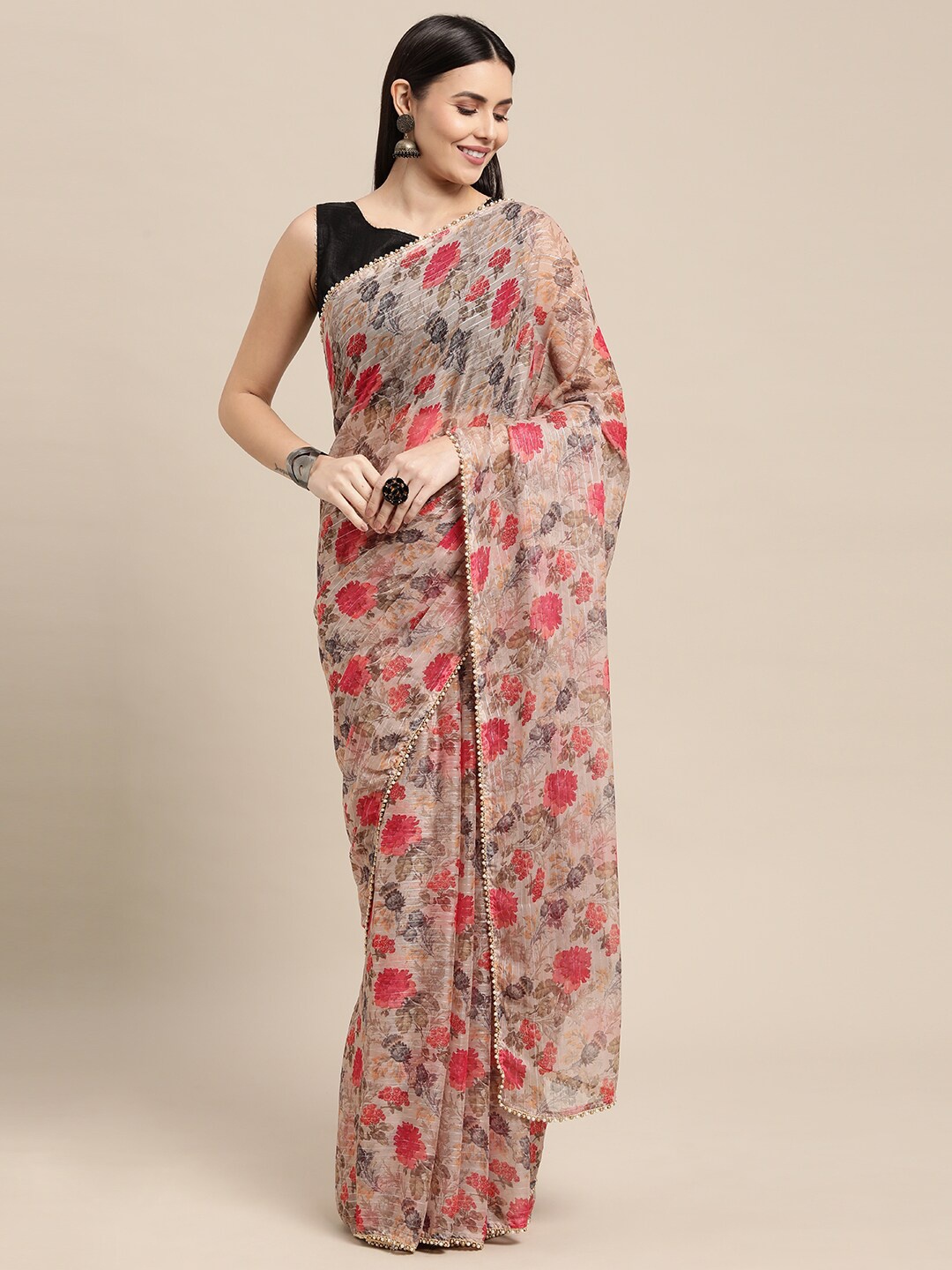 

AVANSHEE Beige & Red Floral Pure Chiffon Saree