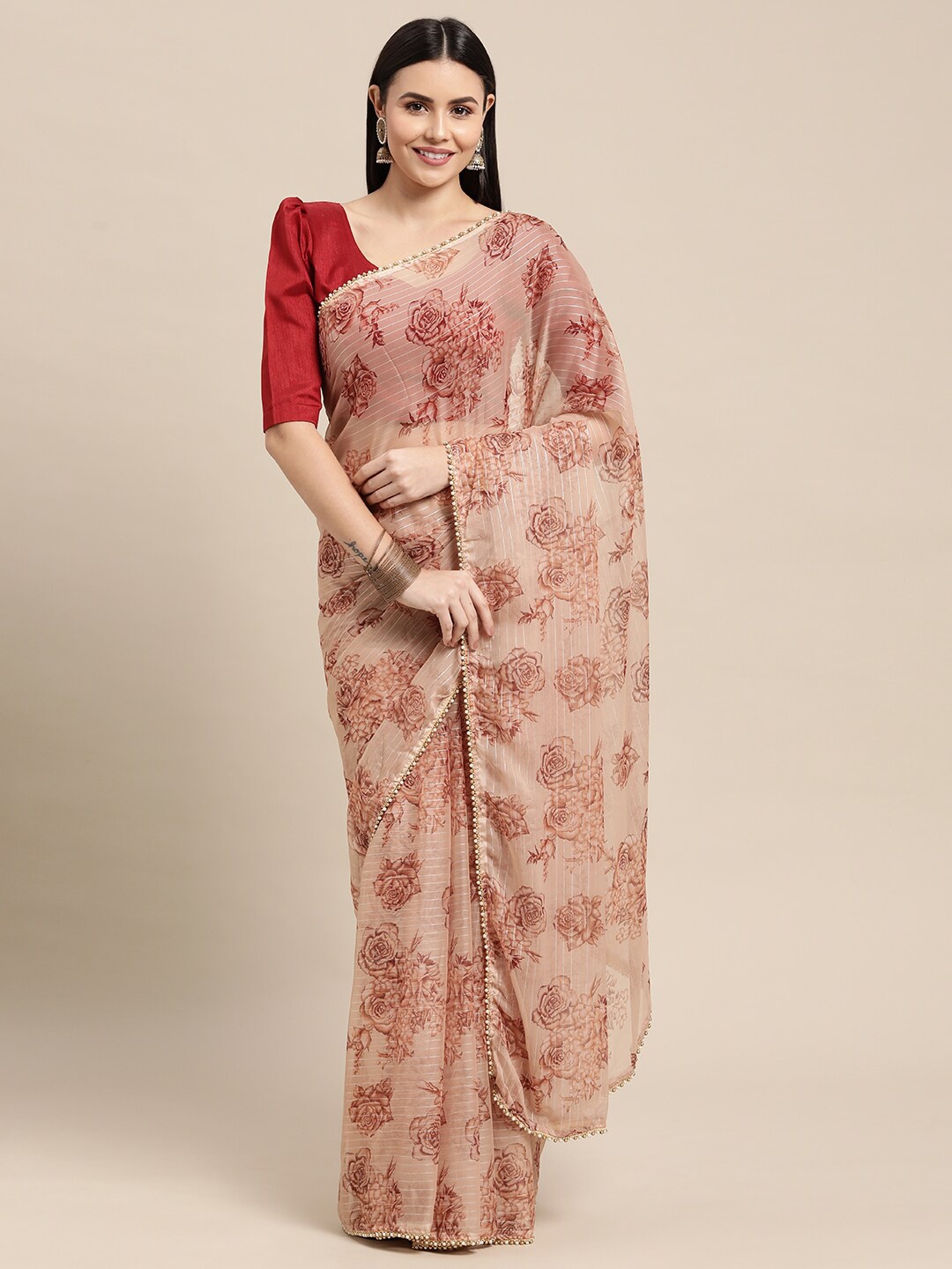 

AVANSHEE Cream & Pink Floral Printed Pure Chiffon Saree