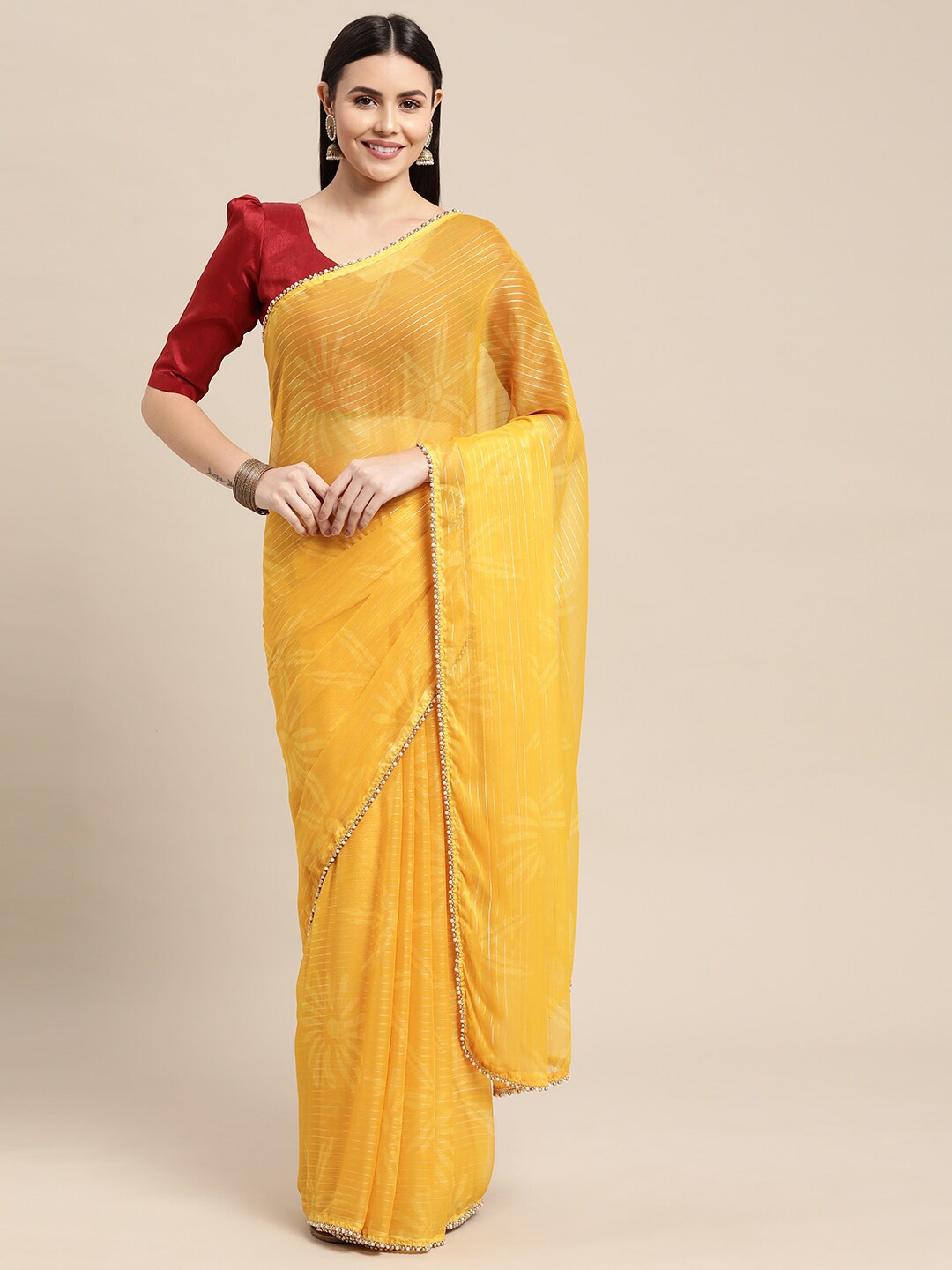 

AVANSHEE Yellow & Gold-Toned Striped Pure Chiffon Saree