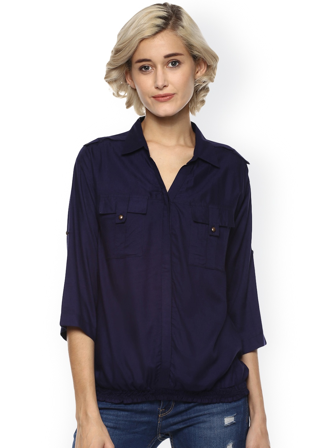 

Harpa Women Navy Blue Solid Shirt-Style Top