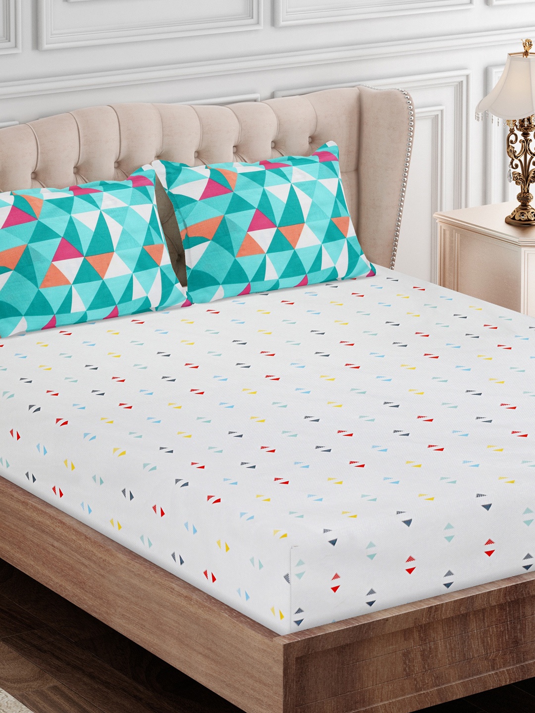 

SEJ by Nisha Gupta Grey & Blue Geometric 180 TC King Bedsheet with 2 Pillow Covers