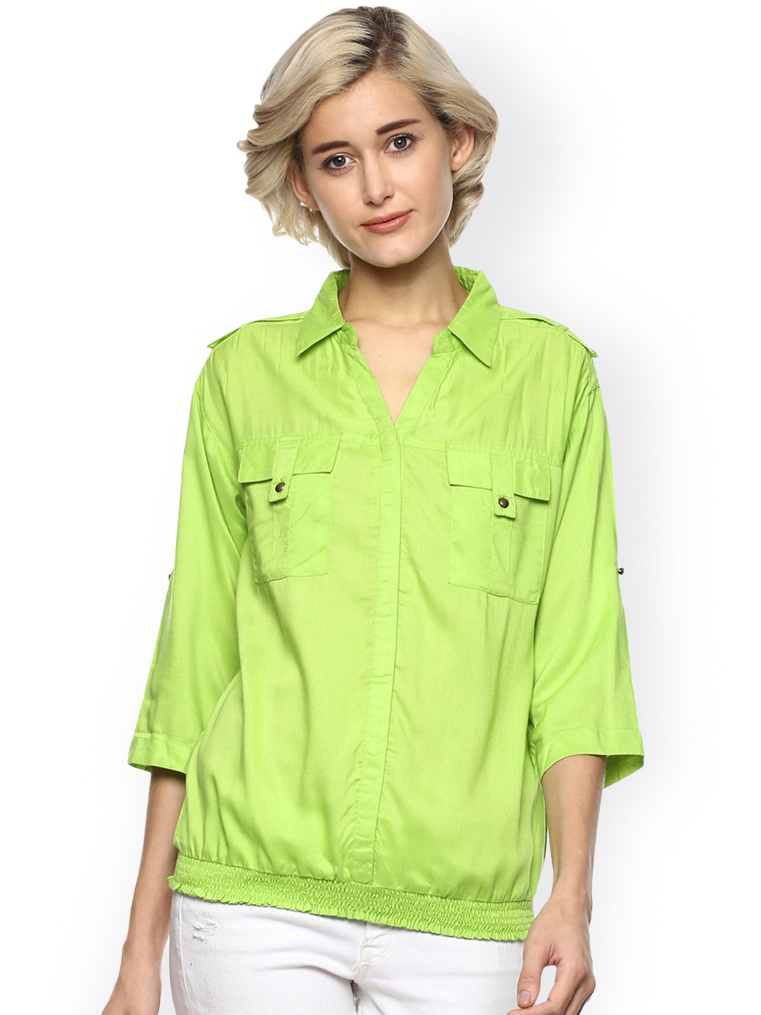 

Harpa Women Green Solid Shirt-Style Top