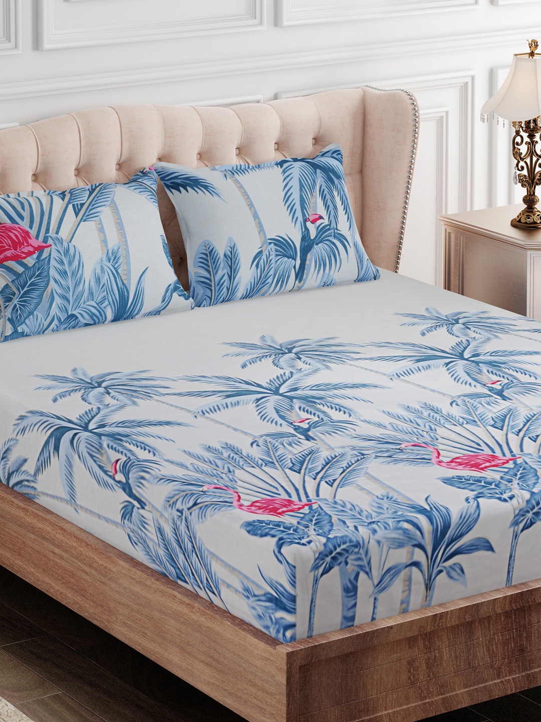 

SEJ by Nisha Gupta Blue & Pink Printed 180 TC King Bedsheet with 2 Pillow Covers