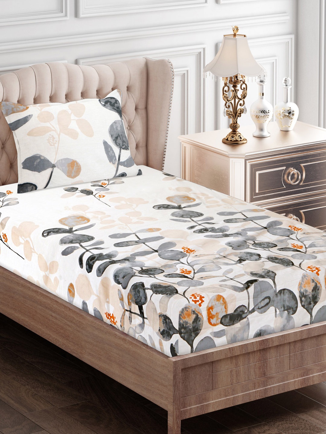 

SEJ by Nisha Gupta Blue & Off White Floral 210 TC Single Bedsheet with 1 Pillow Cover