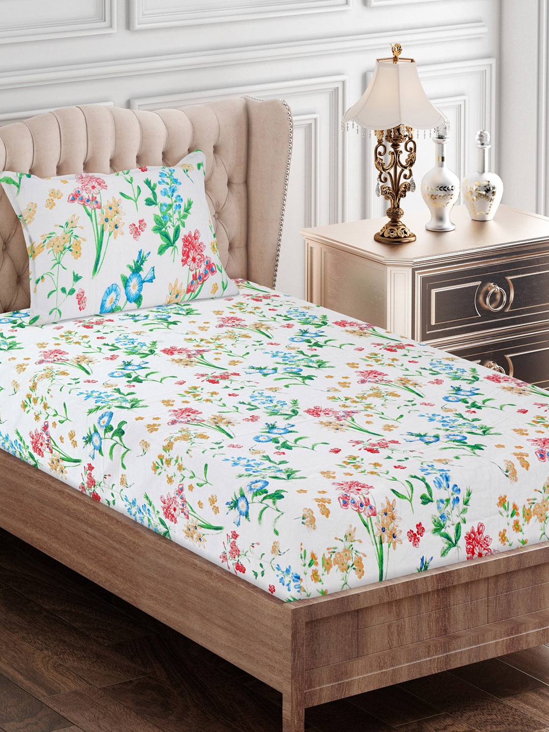 

SEJ by Nisha Gupta Blue & Green Floral 180 TC Single Bedsheet with 1 Pillow Covers