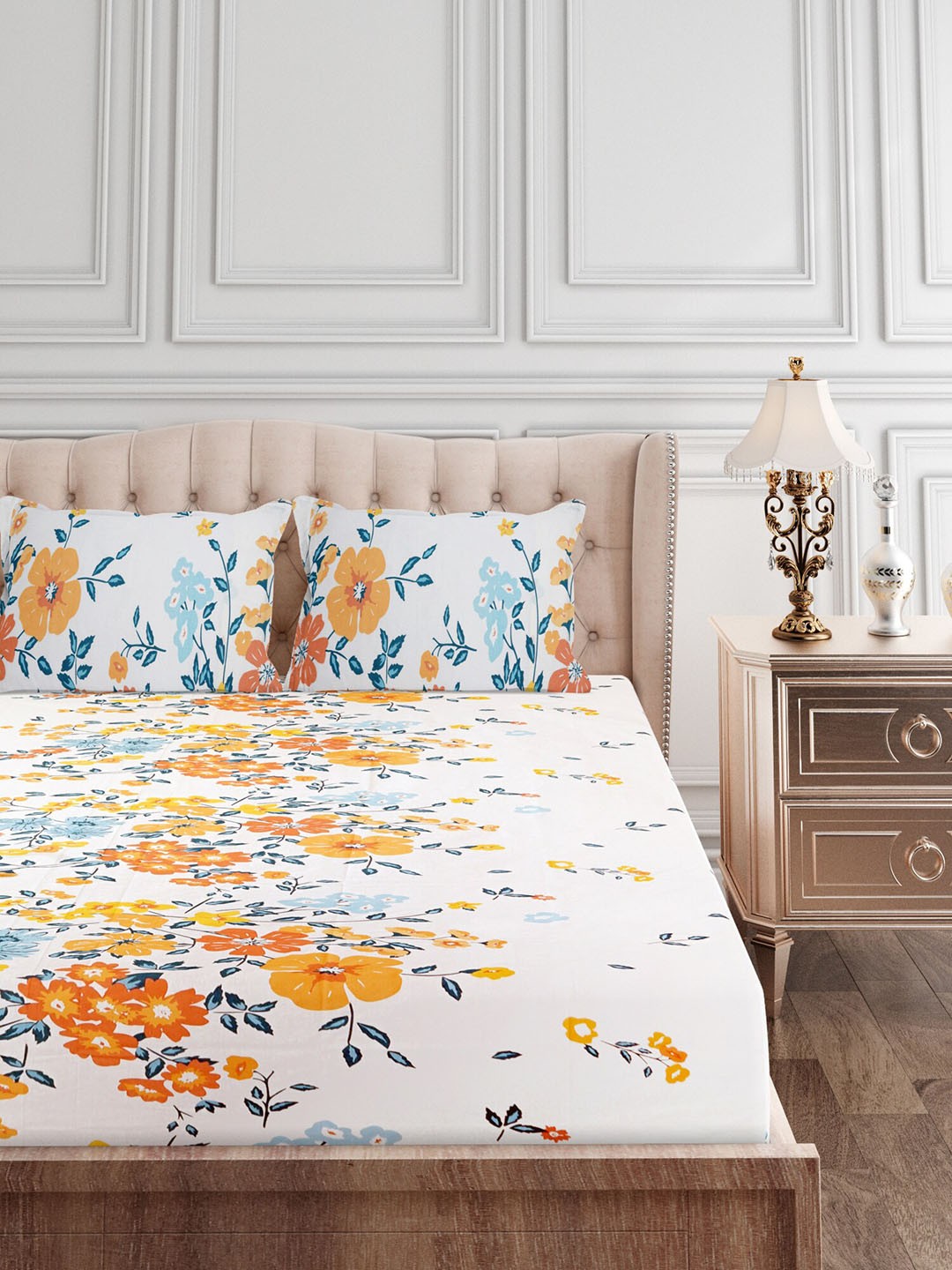 

SEJ by Nisha Gupta Off White & Musturd Floral 180 TC King Bedsheet with 2 Pillow Covers