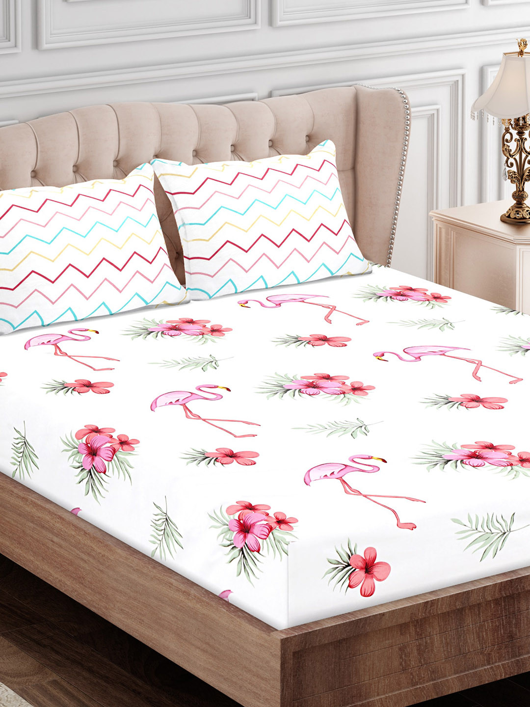 

SEJ by Nisha Gupta Pink & Off White Floral 180 TC King Bedsheet with 2 Pillow Covers