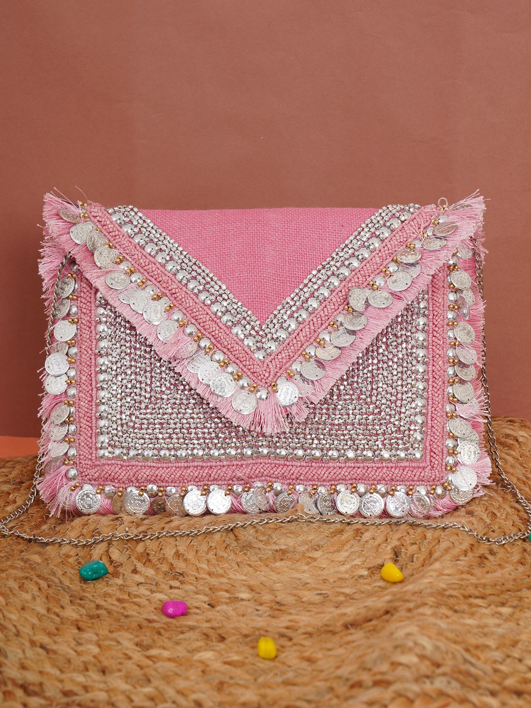 

FABBHUE Pink & Silver-Toned Embroidered Embellished Envelope Clutch