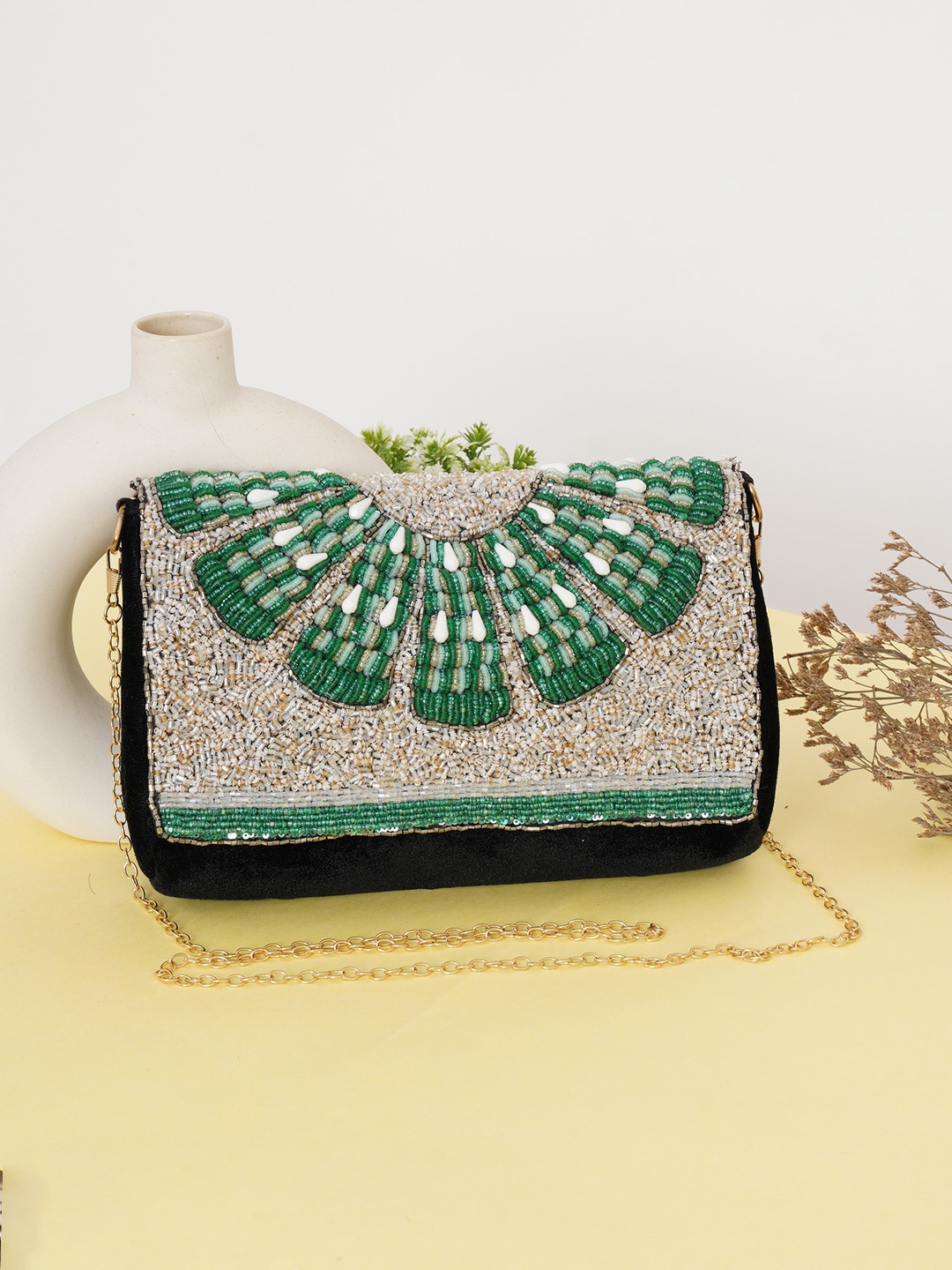 

FABBHUE Green & Black Embroidered Embellished Envelope Clutch