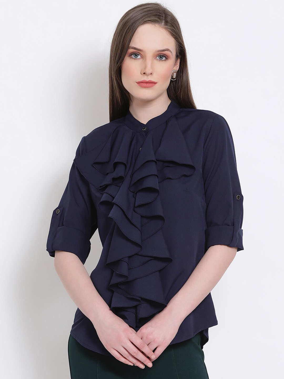 

DRAAX Fashions Navy Blue Mandarin Collar Roll-Up Sleeves Ruffles Indigo Chiffon Shirt Style Top