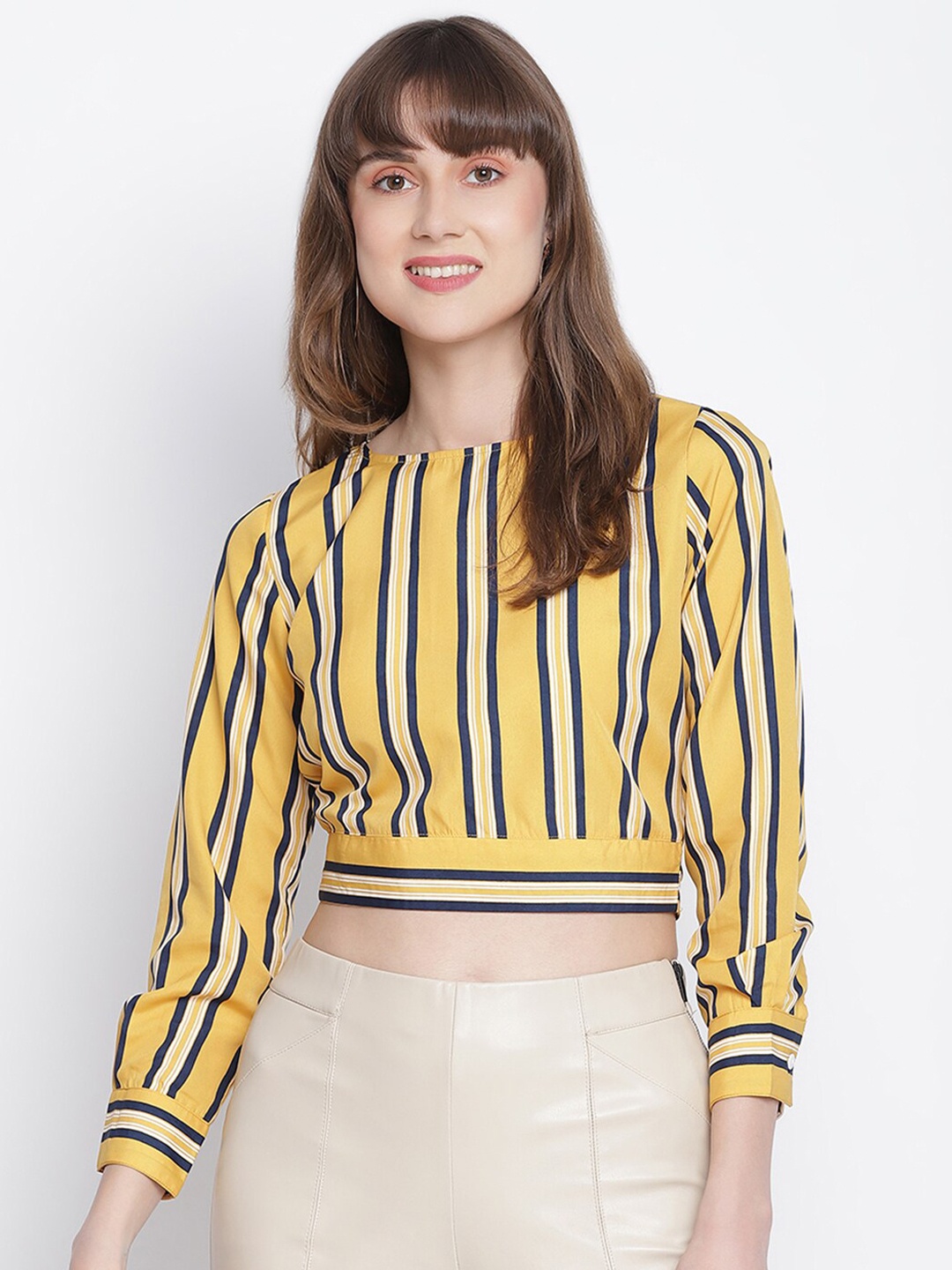 

DRAAX Fashions Women Yellow Striped Chiffon Crop Top