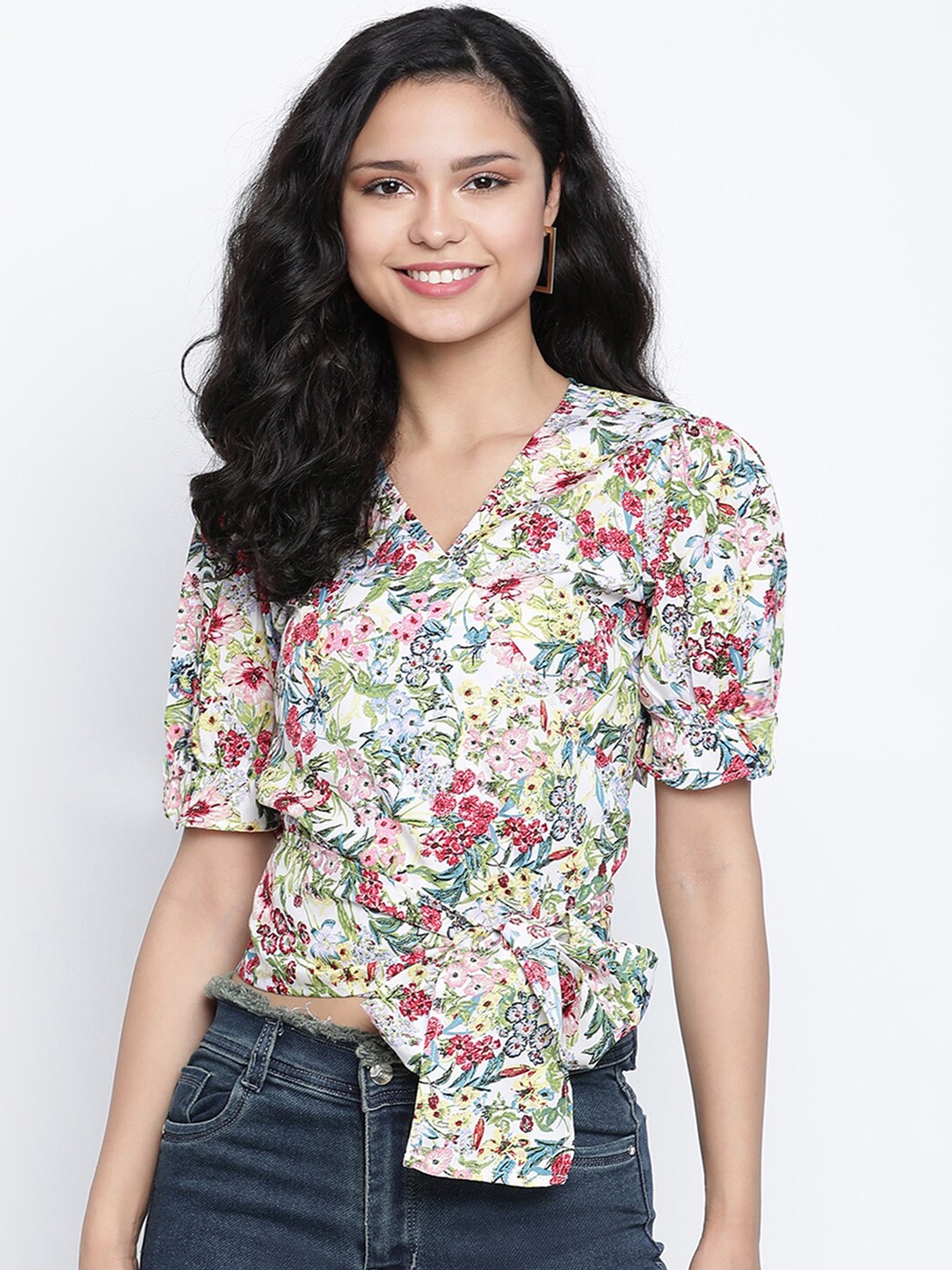 

DRAAX Fashions Women White Floral Print Chiffon Wrap Top