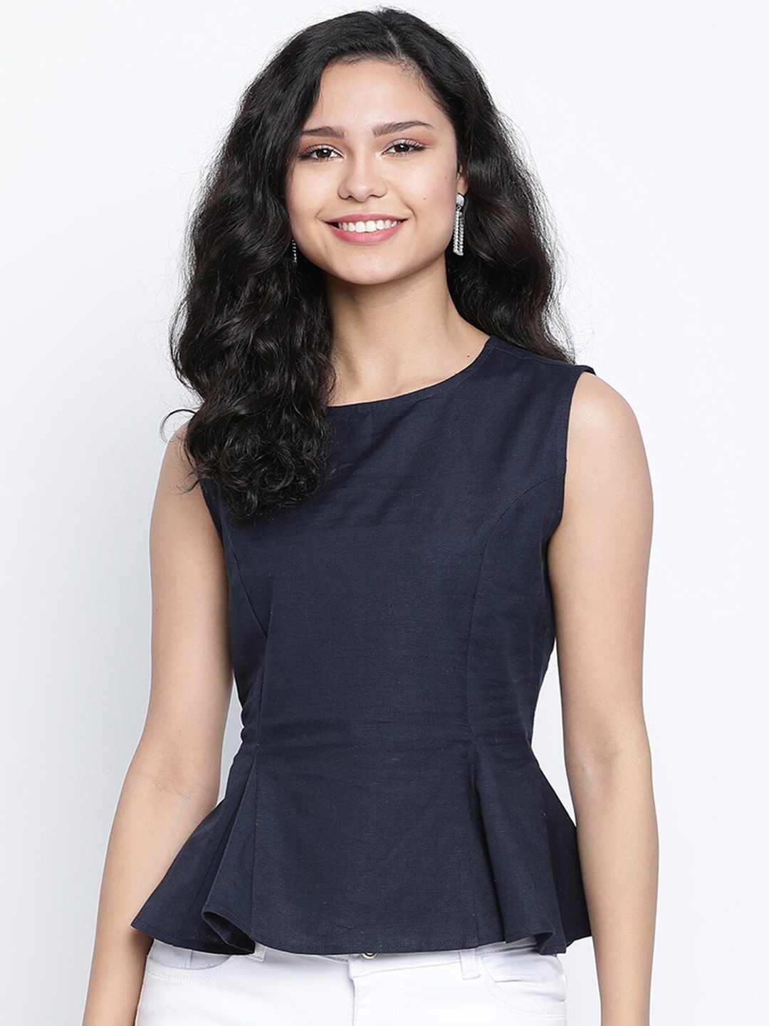 

DRAAX Fashions Women Navy Blue Solid Peplum Top