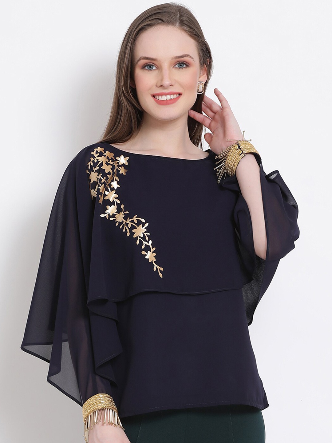 

DRAAX Fashions Navy Blue Embellished Georgette Cape Top