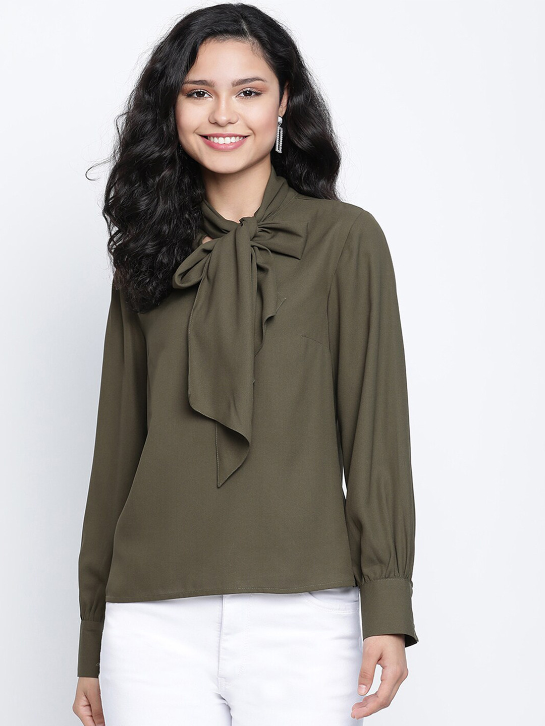 

DRAAX Fashions Green Tie-Up Neck Shirt Style Chiffon Top
