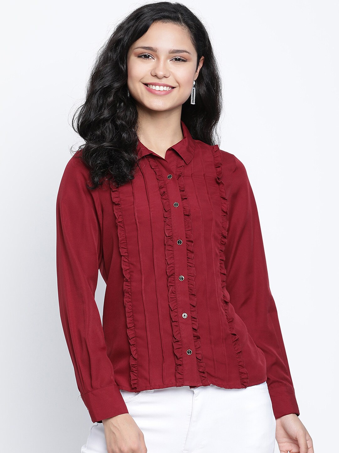 

DRAAX Fashions Red Ruffles Chiffon Shirt Style Top