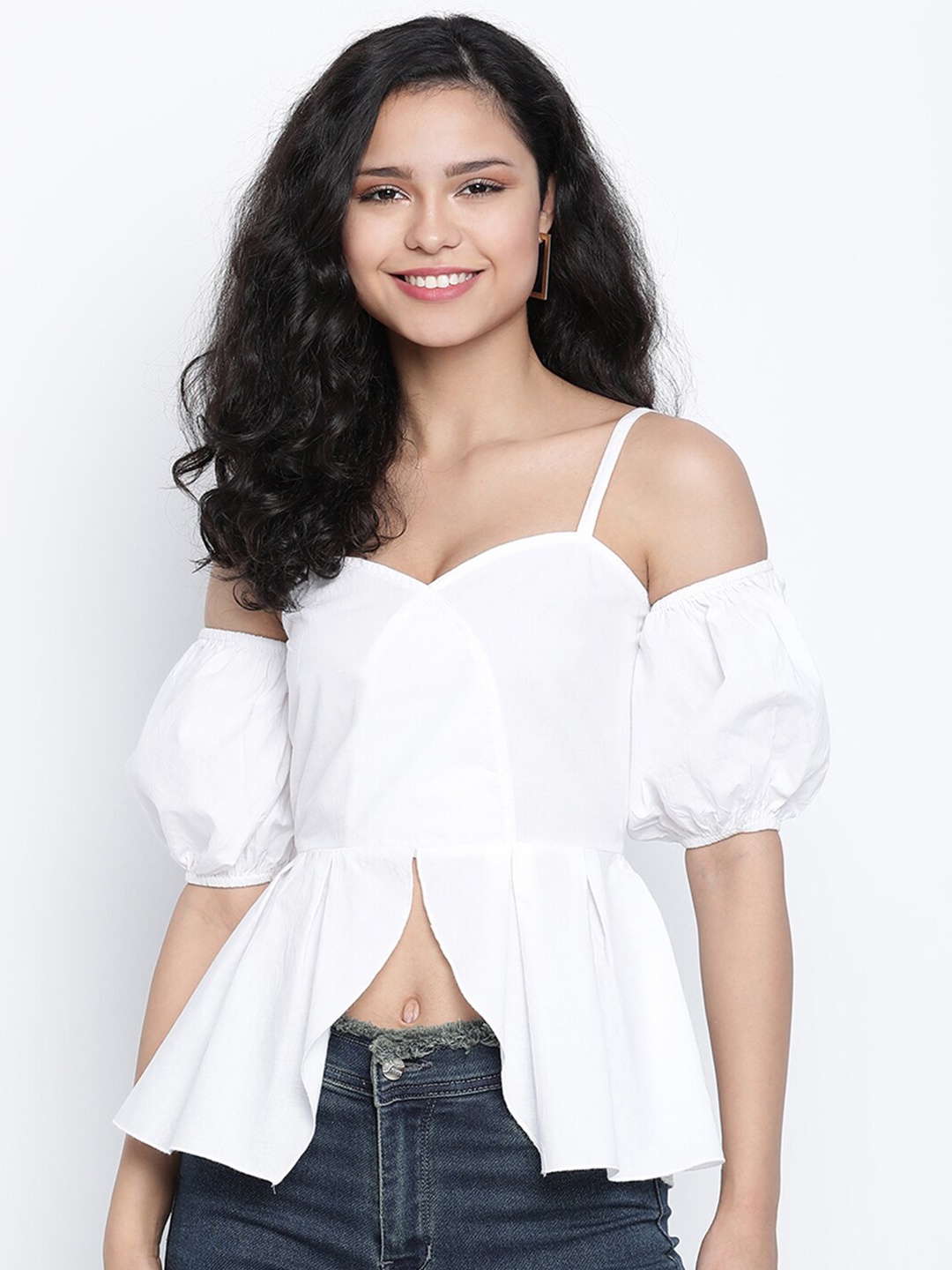 

DRAAX Fashions White Chiffon Peplum Crop Top