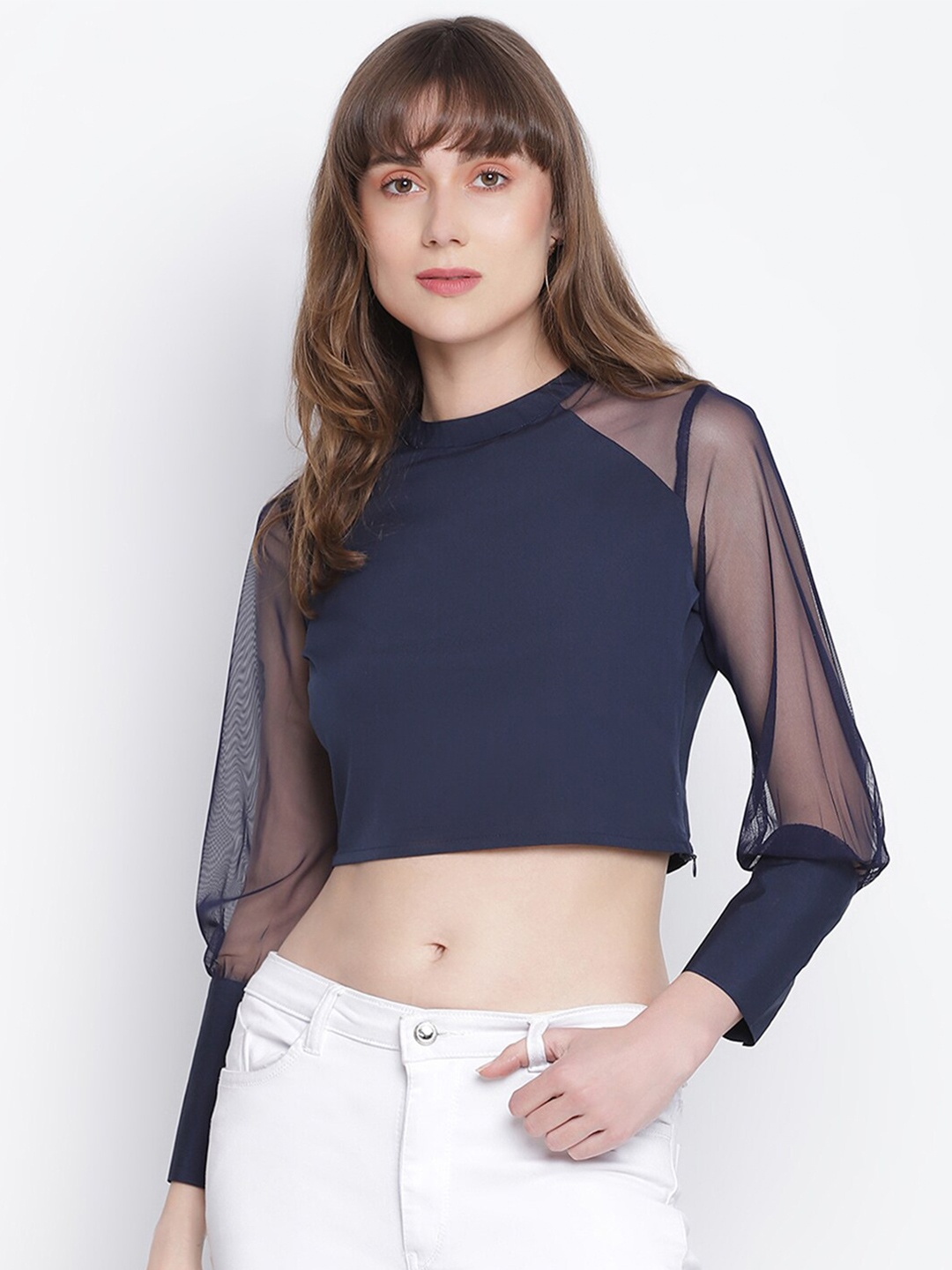 

DRAAX Fashions Women Navy Blue Chiffon Crop Top