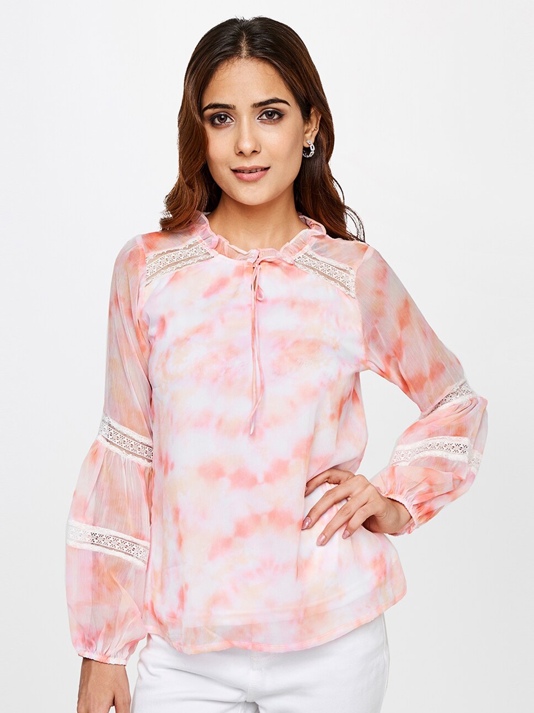 

AND Orange & White Tie and Dye Tie-Up Neck Top