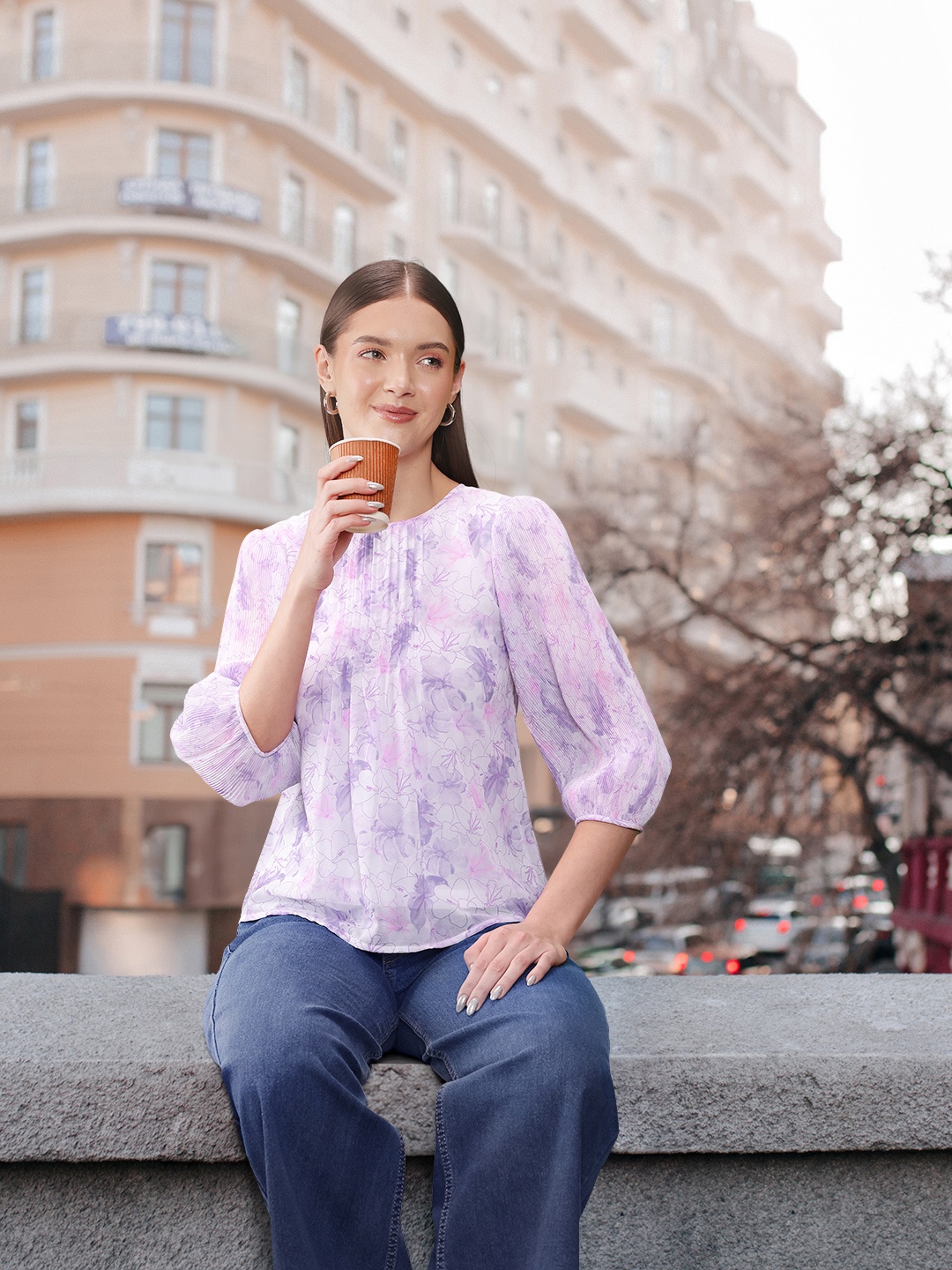 

AND Purple & White Floral Print Top