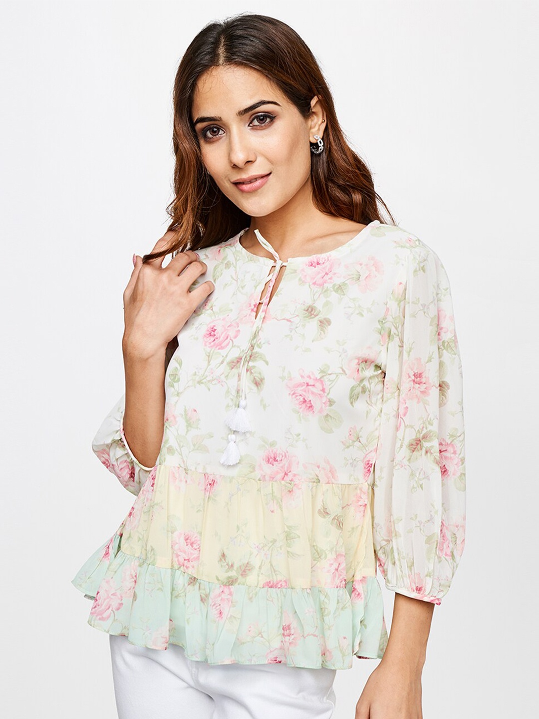 

AND Women Pink an White Floral Print Top