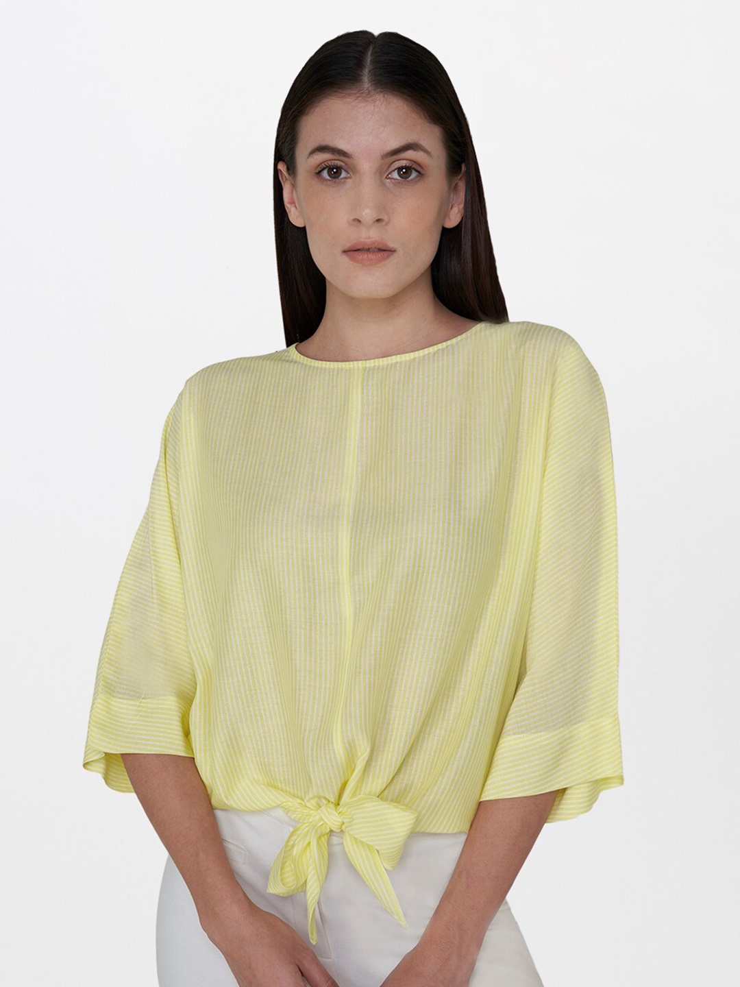 

AND Women Yellow Printed Styled Back Top