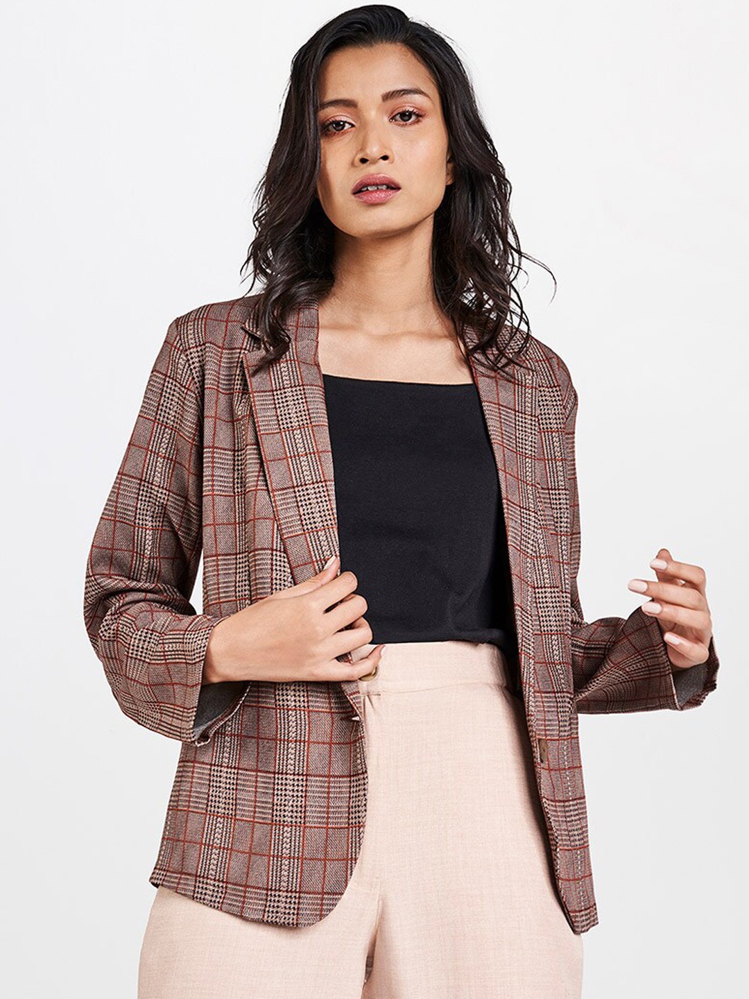 

AND Women Brown Checked Crop Open Front Jacket