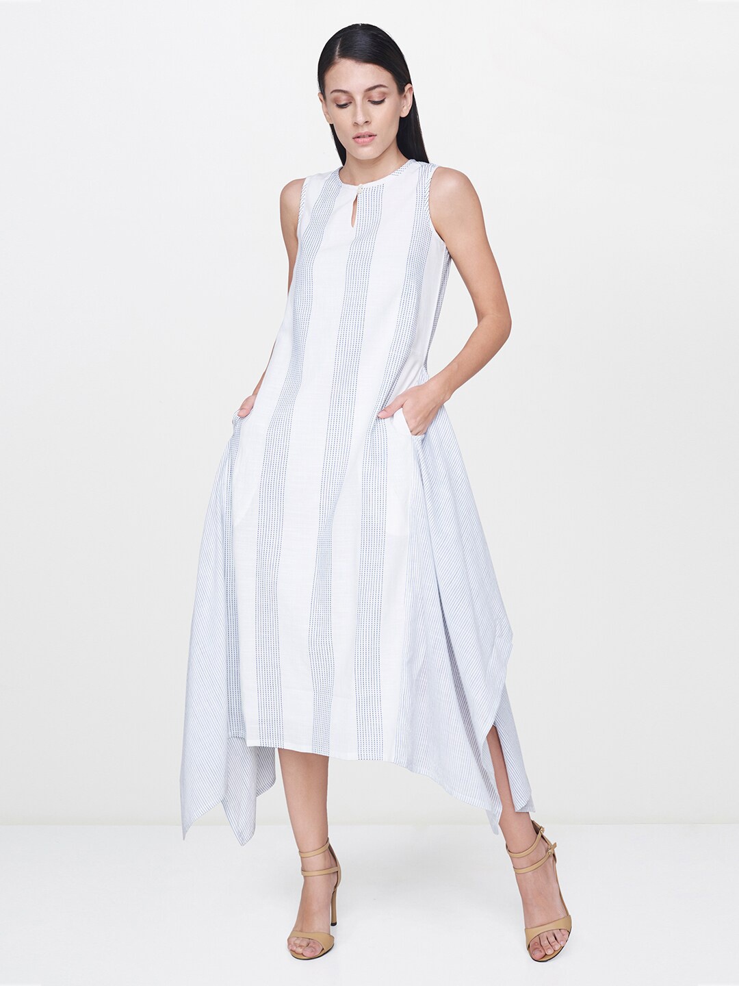 

AND Women Off White Striped Keyhole Neck A-Line Midi Dress